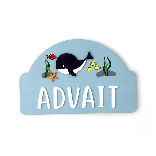 Sea Life Whale Themed Hand-Painted Wooden Arch-Shaped Kids Name Plate