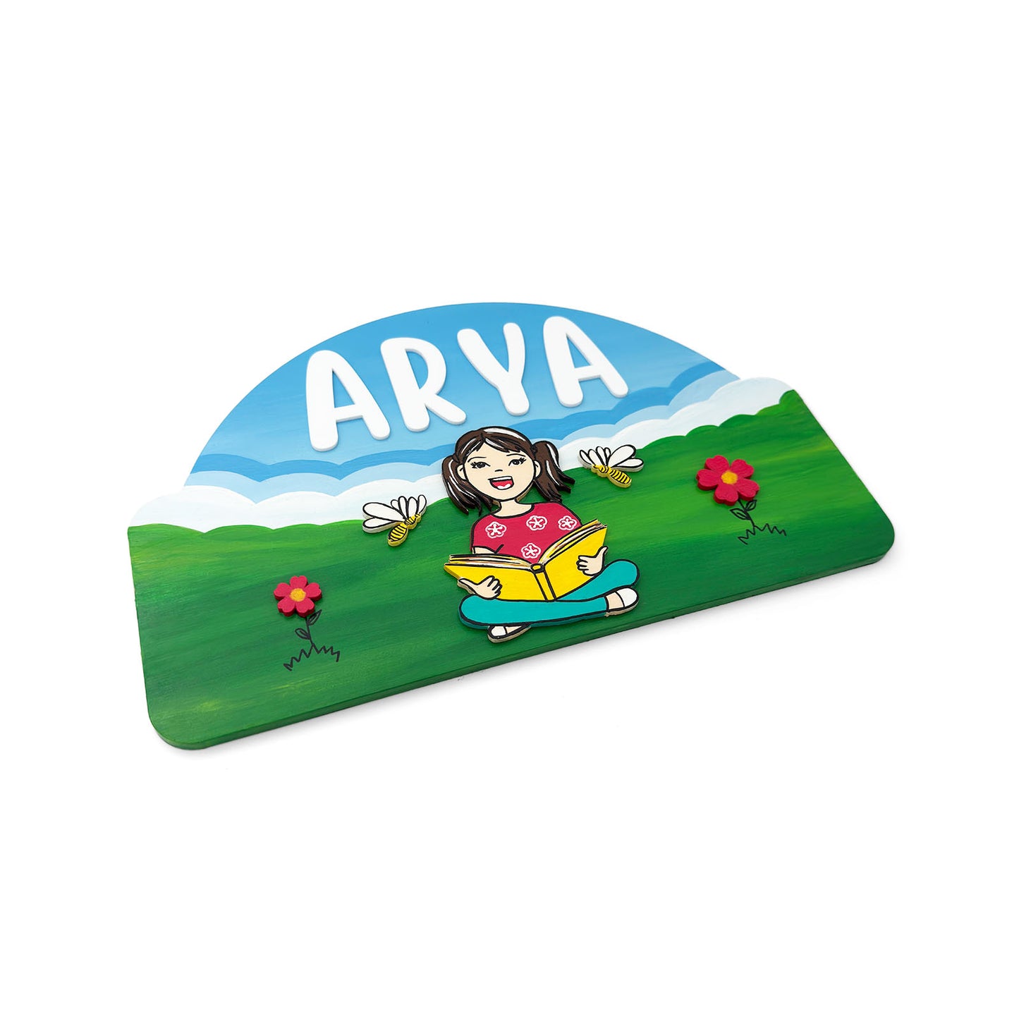 Girl Reading Book Hand-Painted Wooden Kids Name Plate