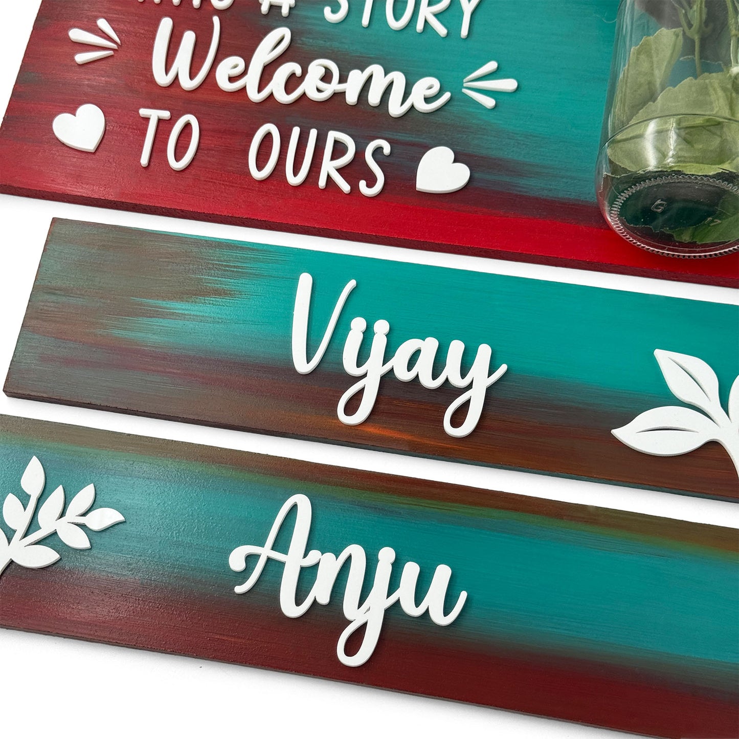 Every Family Has A Story Welcome To Ours Hand-Painted Wooden Name Plate With Jar For Home - Jar Board & Two Planks