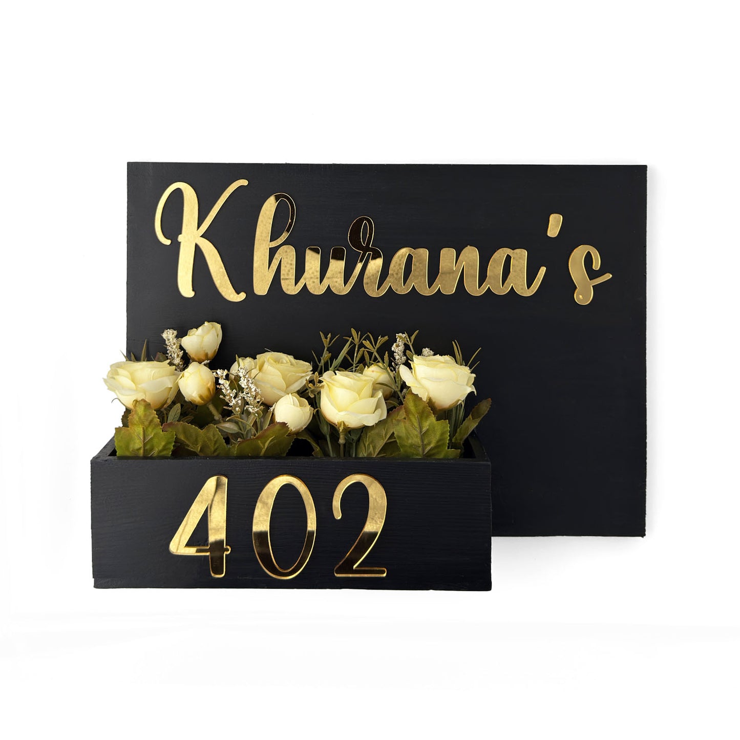 Rectangular Hand-Painted Wooden Planter Name Plate For Home - Black