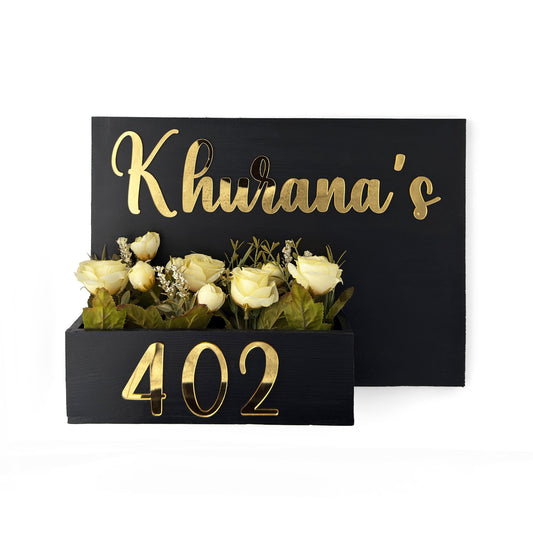 Rectangular Hand-Painted Wooden Planter Name Plate For Home - Black