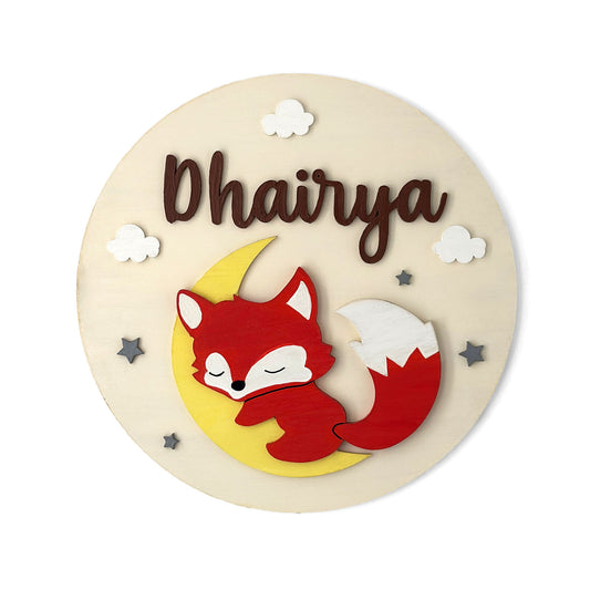 Fox Themed Hand-Painted Wooden Round Kids Name Plate - Design 1