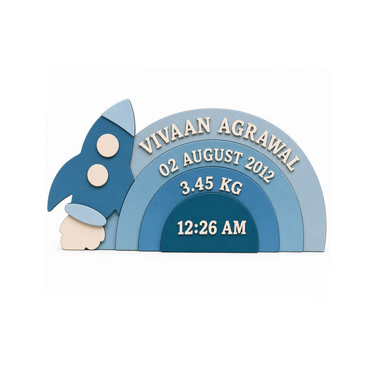 Rocket Space Themed Hand-Painted Wooden Personalised Baby Birth Details Name Plate