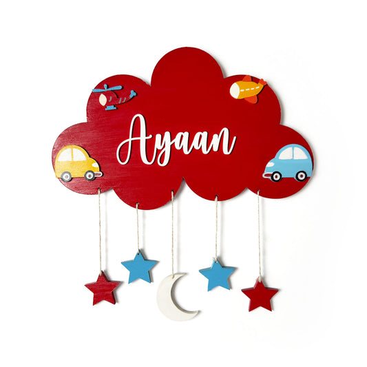 Cloud & Vehicles Themed Hand-Painted Wooden Kids Name Plate