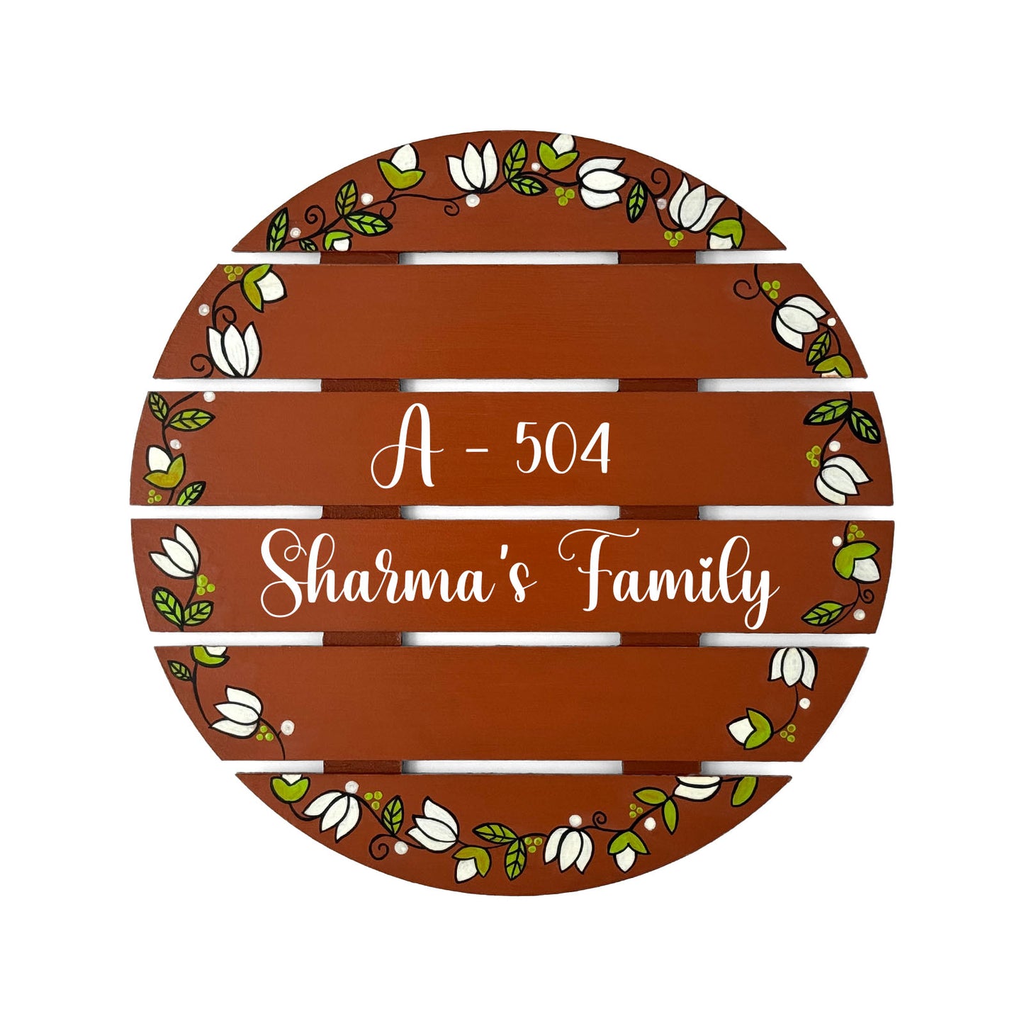 Lotus Bud Artwork Hand-Painted Wooden Madhubani Round Name Plate For Home