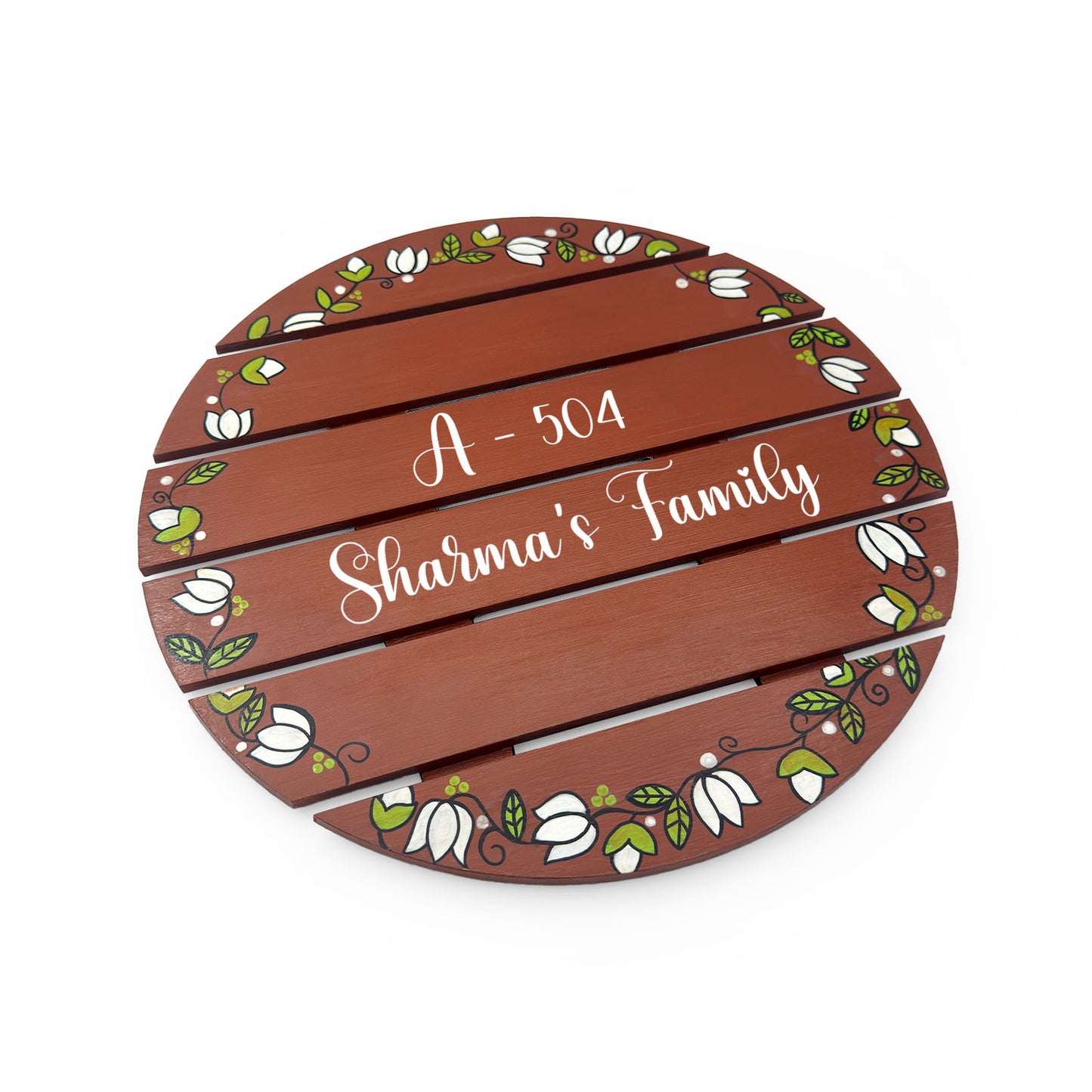 Lotus Bud Artwork Hand-Painted Wooden Madhubani Round Name Plate For Home