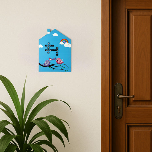 Crossword & Birds Themed Hut-Shaped Hand-Painted Wooden Name Plate For Home - Blue