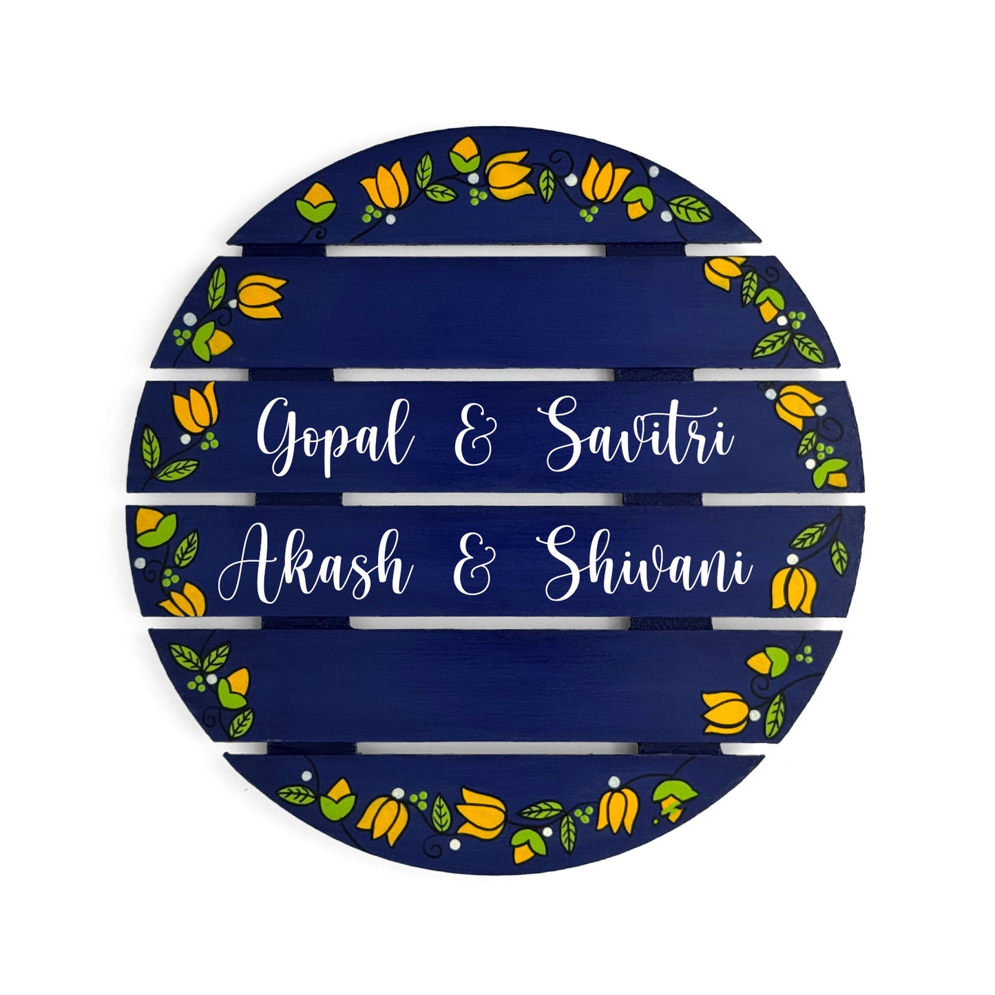 Lotus Bud Artwork Hand-Painted Wooden Madhubani Round Name Plate For Home