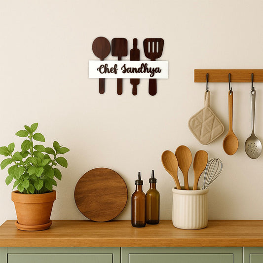 Personalised Name Hand-Painted Wooden Utensil Board Kitchen Wall Hanging - Brown