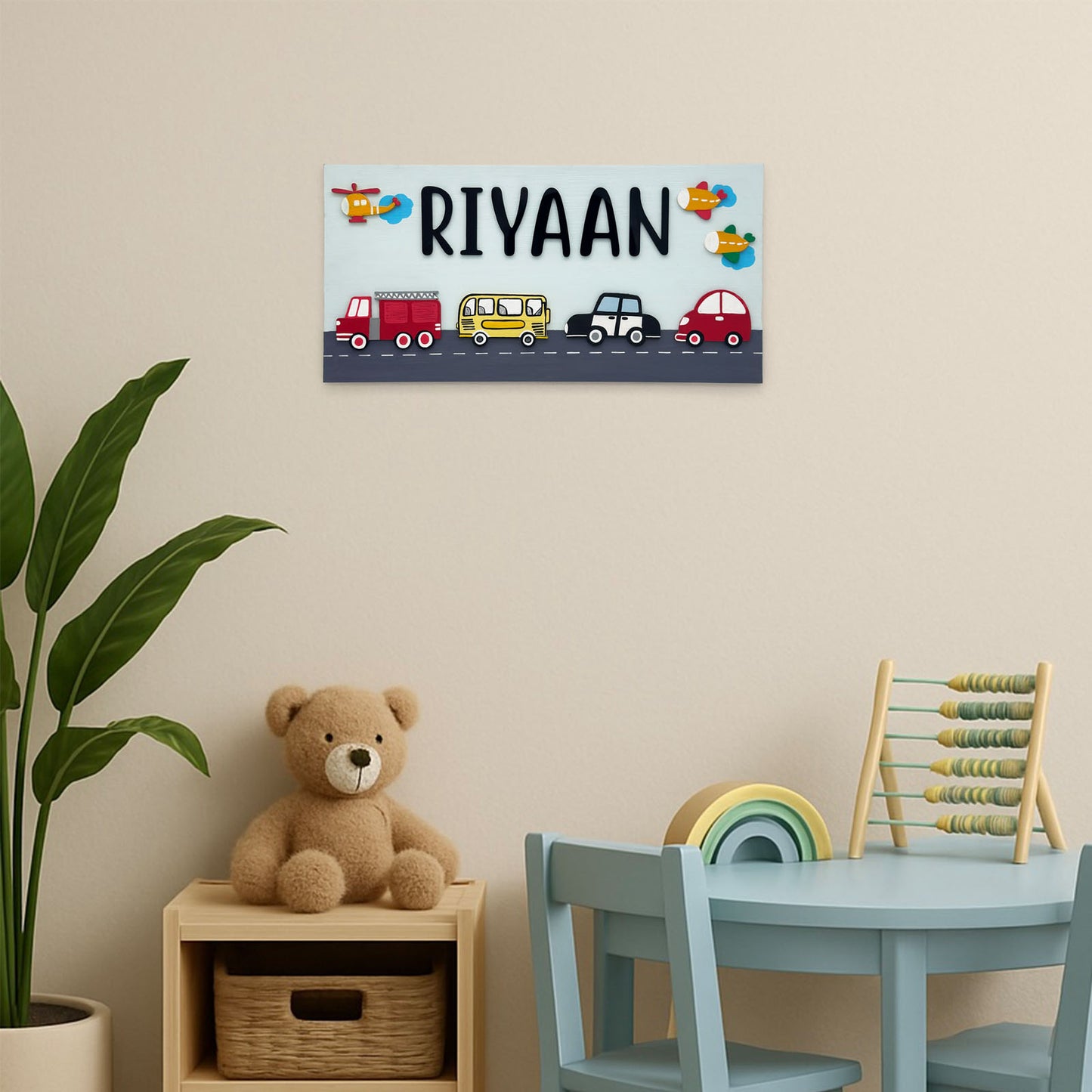 Vehicles Themed Hand-Painted Wooden Kids Name Plate - Light Blue