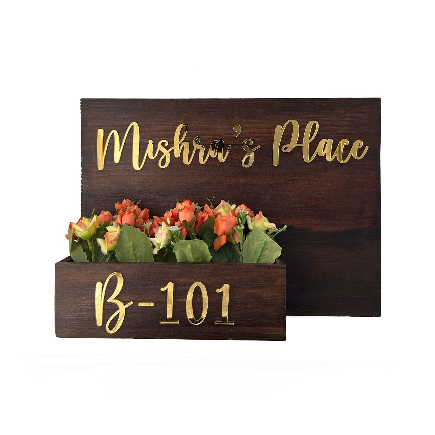 Rectangular Hand-Painted Wooden Planter Name Plate For Home - Wooden Finish