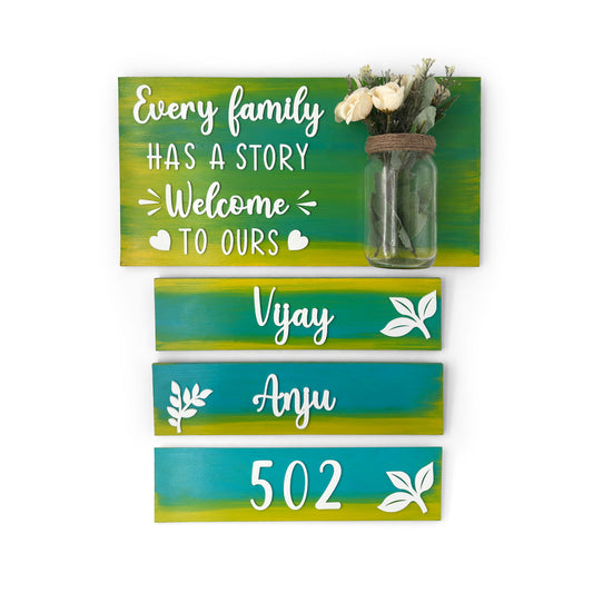 Every Family Has A Story Welcome To Ours Hand-Painted Wooden Name Plate With Jar For Home - Jar Board & Three Planks