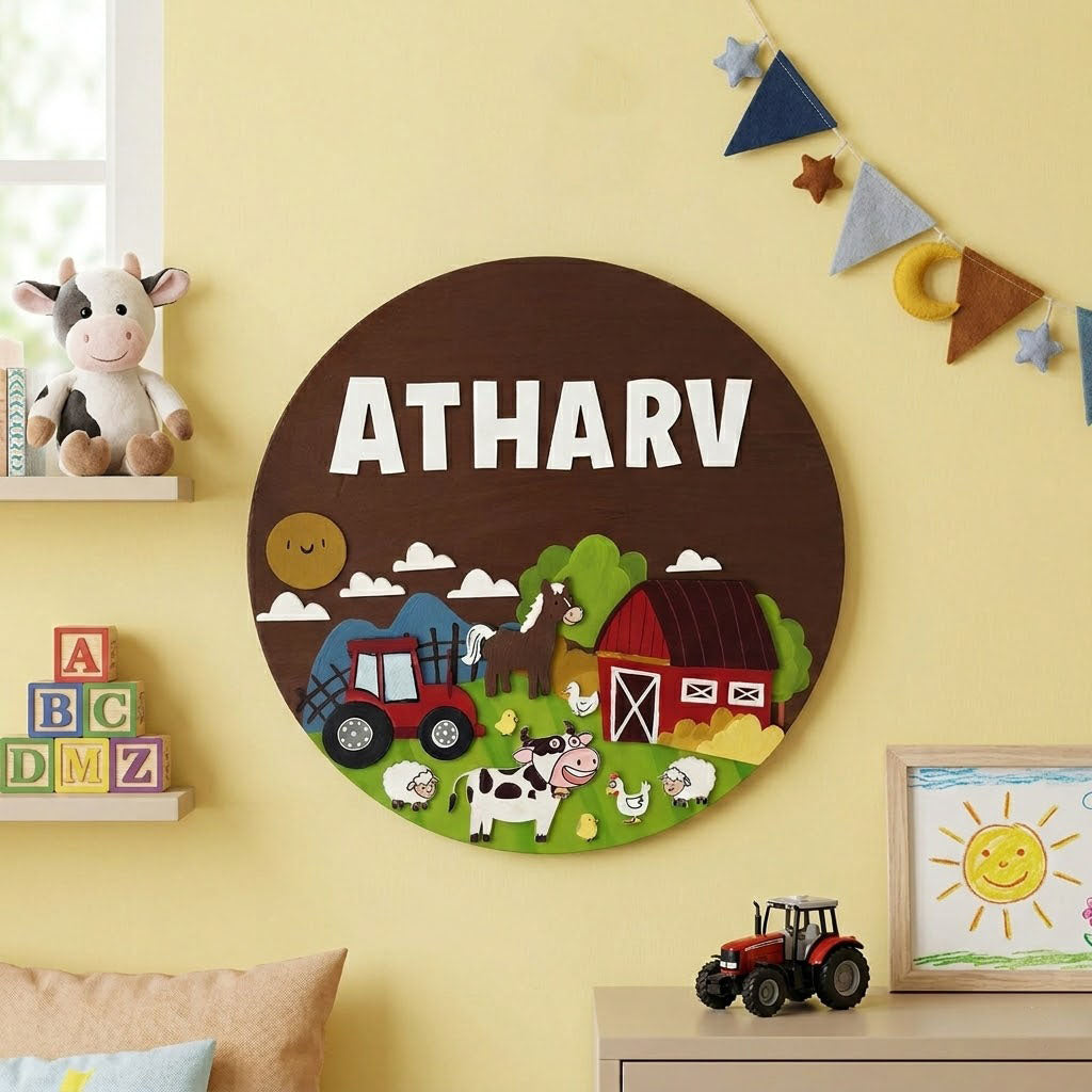 Farm Animals Themed Hand-Painted Wooden Round Kids Name Plate - Design 1