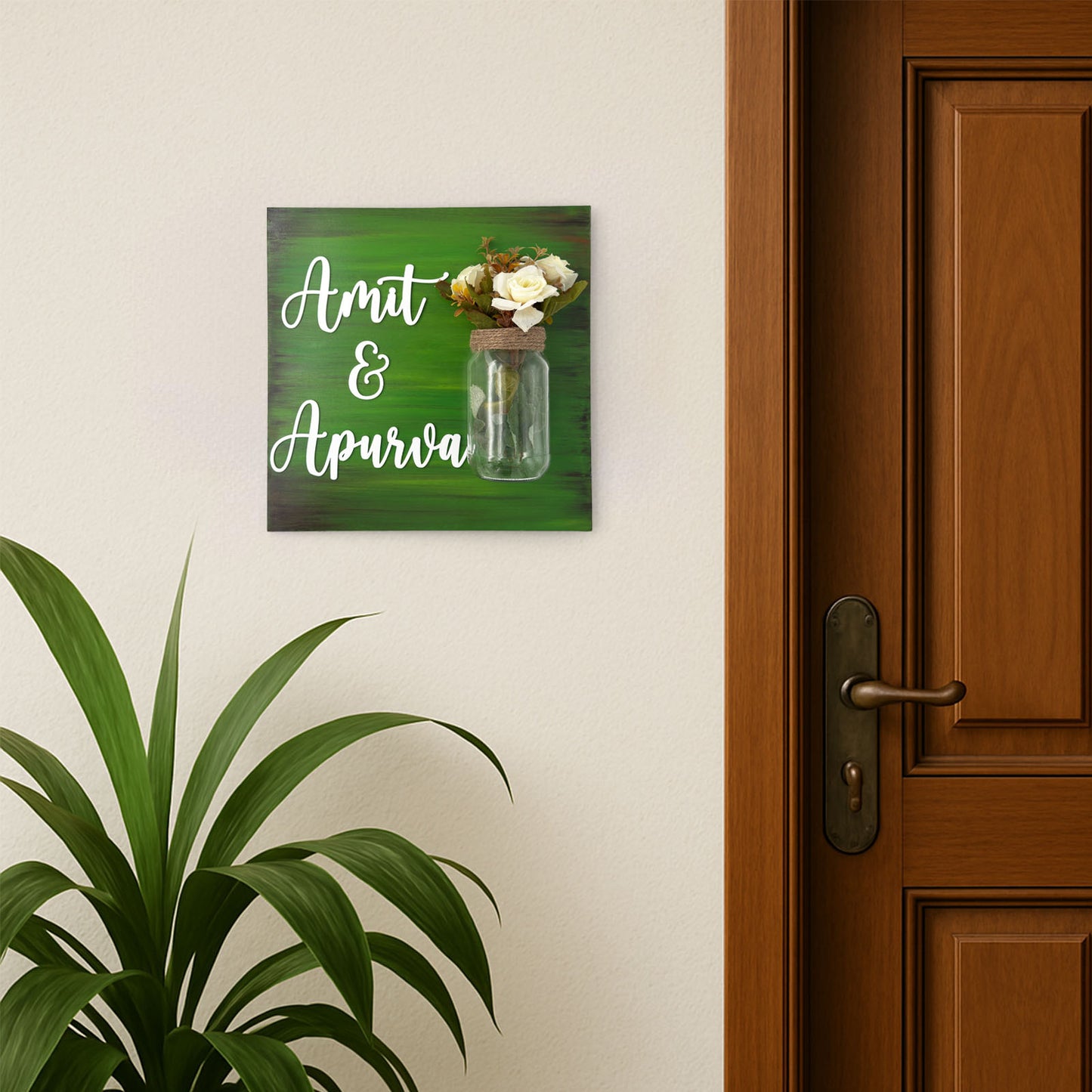 Green Hand-Painted Wooden Name Plate With Jar For Home - Only Jar Board