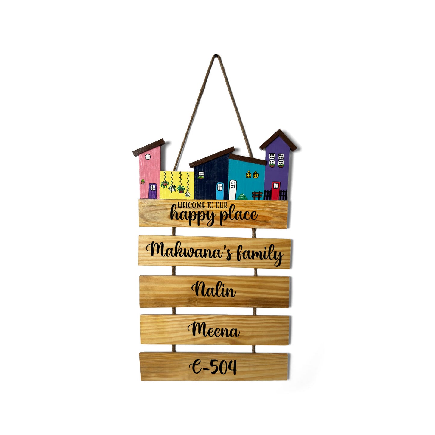 Hut-Shaped Hand-Painted Wooden Name Plate For Home - Hut Board & Four Planks Design 5