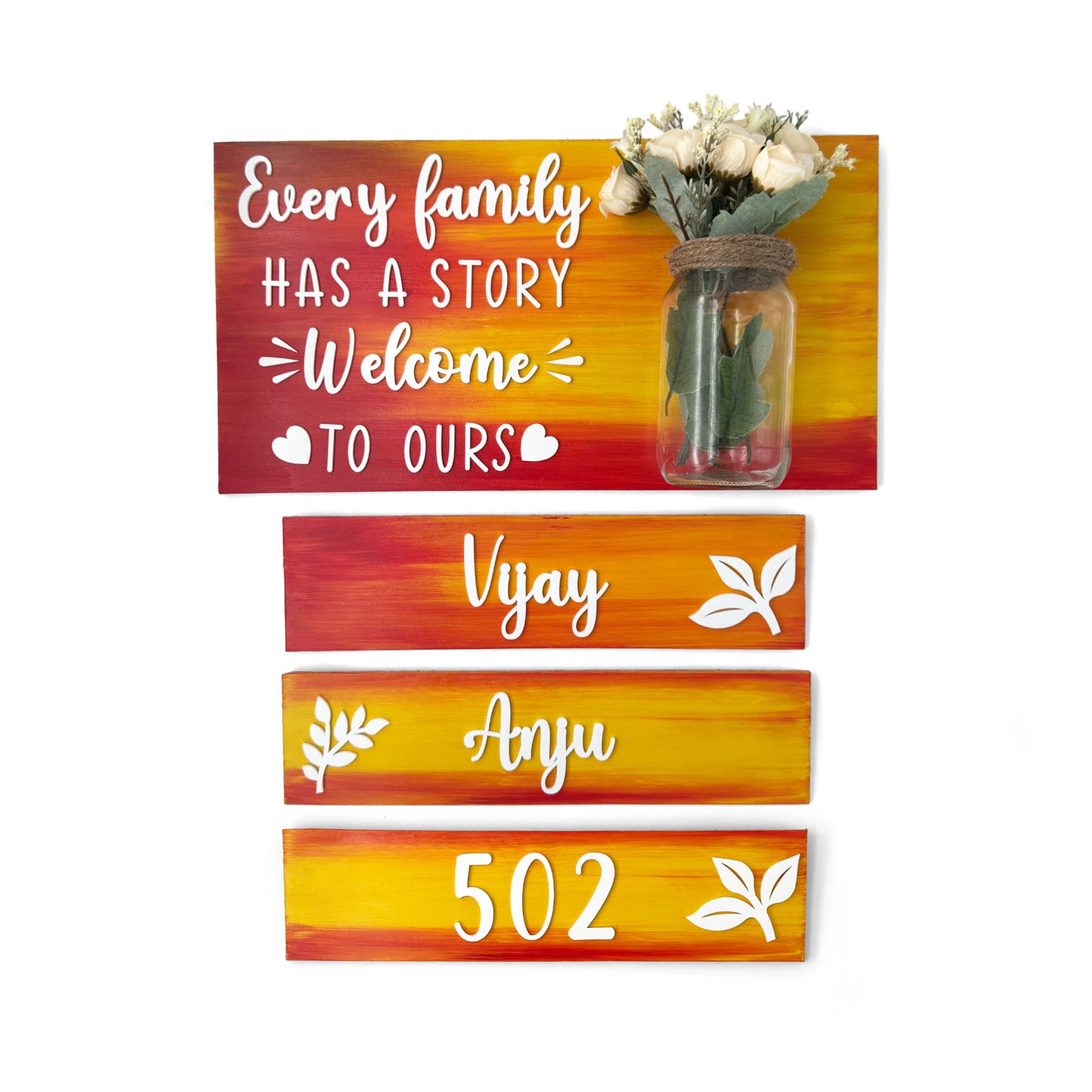Every Family Has A Story Welcome To Ours Hand-Painted Wooden Name Plate With Jar For Home - Jar Board & Three Planks