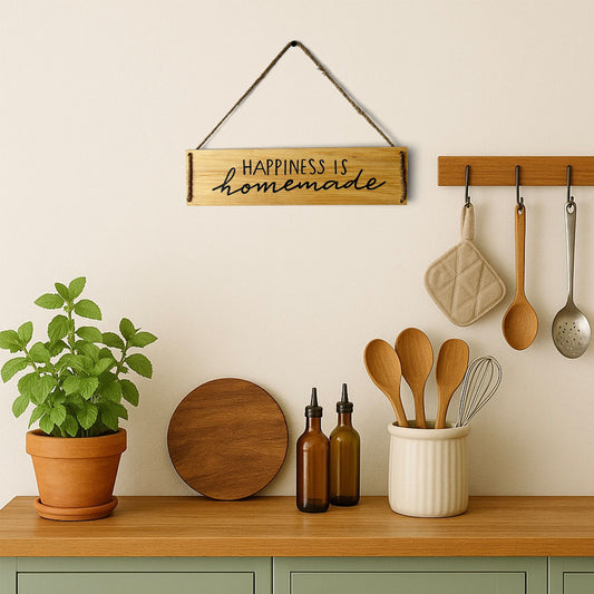 Happiness Is Homemade Hand-Painted Wooden Kitchen Wall Hanging - Natural Wood