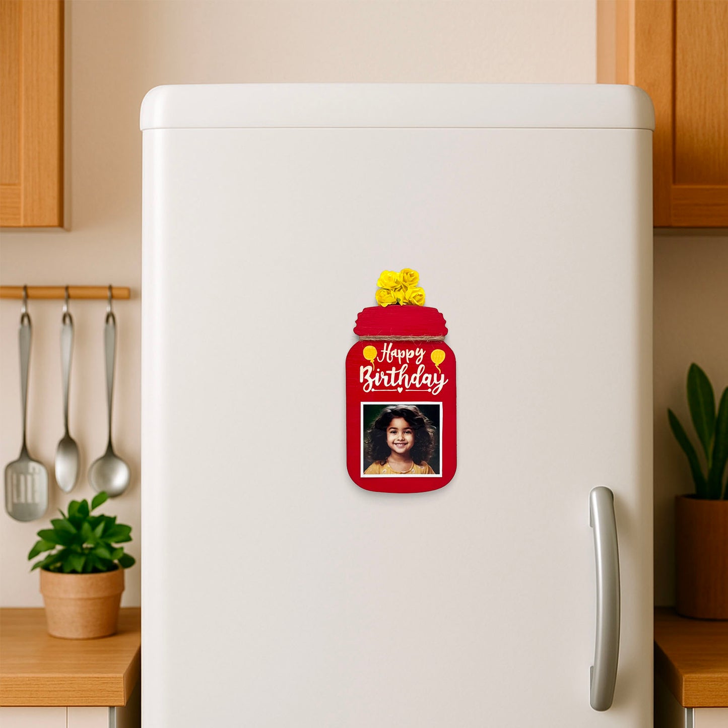 Happy Birthday Hand-Painted Wooden Jar Fridge Magnet With Photo - Red