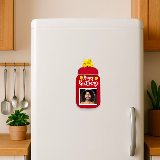 Happy Birthday Hand-Painted Wooden Jar Fridge Magnet With Photo - Red