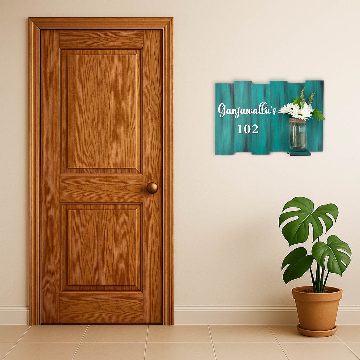 Teal Hand-Painted Wooden Name Plate With Jar For Home - Design 2