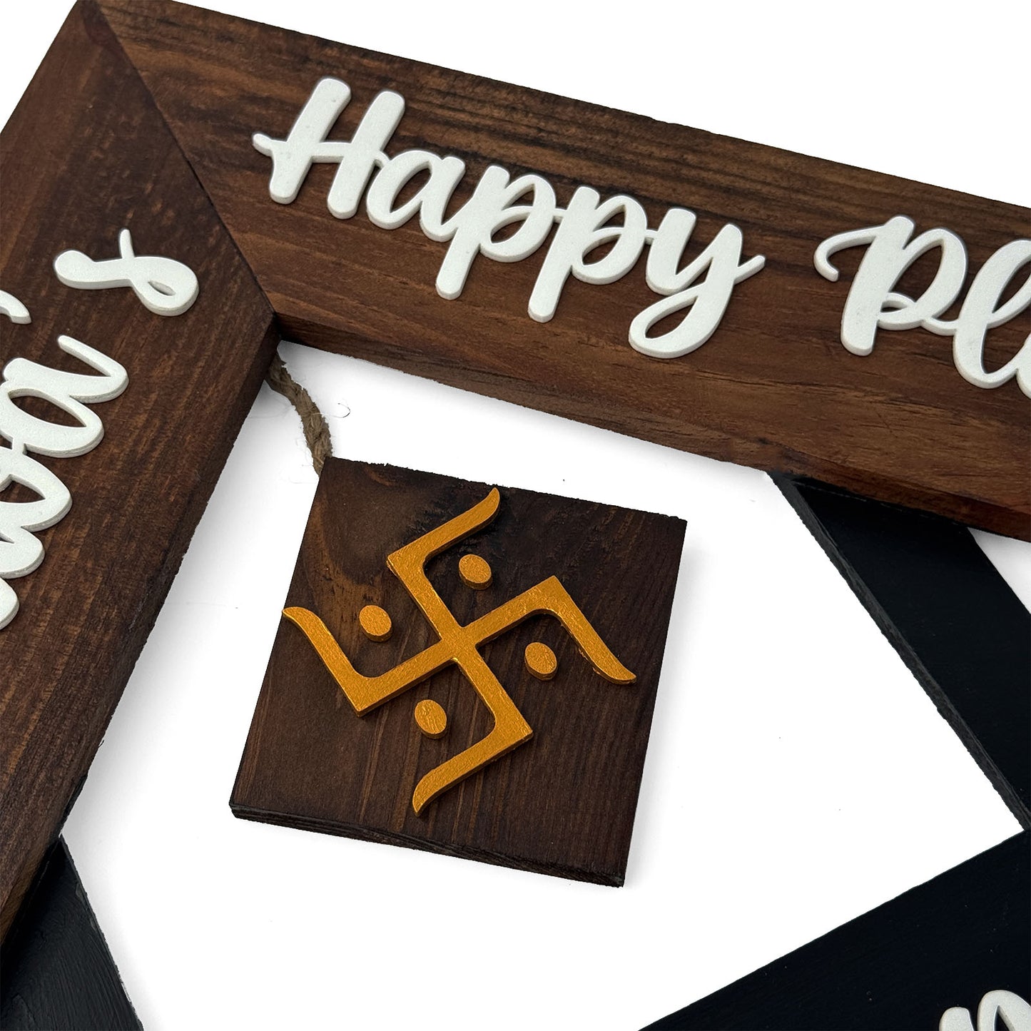 House With Roof And Double Plank Hand-Painted Wooden Hut-Shaped Name Plate For Home - Black & Wooden Finish