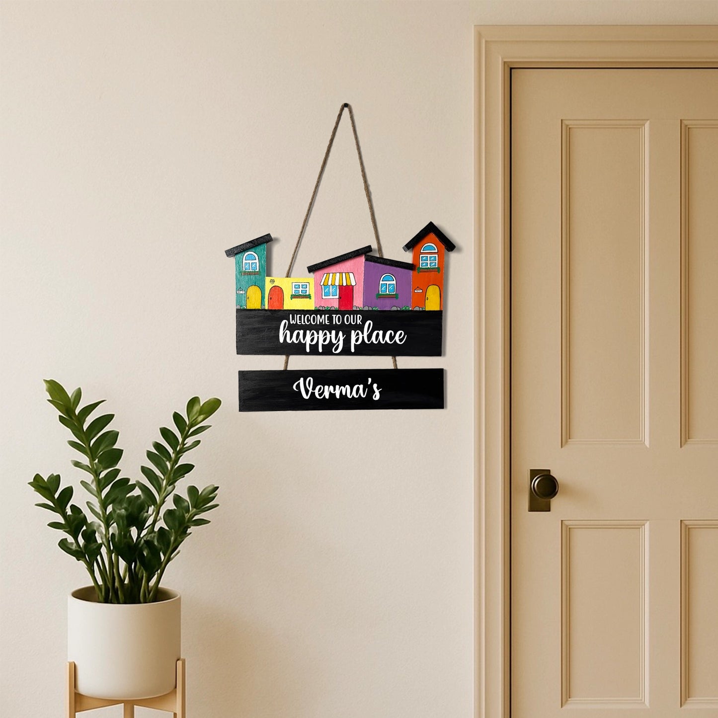 Hut-Shaped Hand-Painted Wooden Name Plate For Home - Hut Board & One Plank Design 1