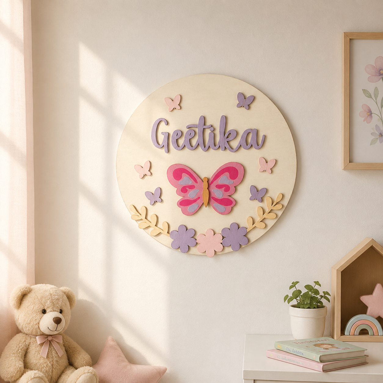 Butterfly & Flower Themed Hand-Painted Wooden Round Kids Name Plate - Design 2