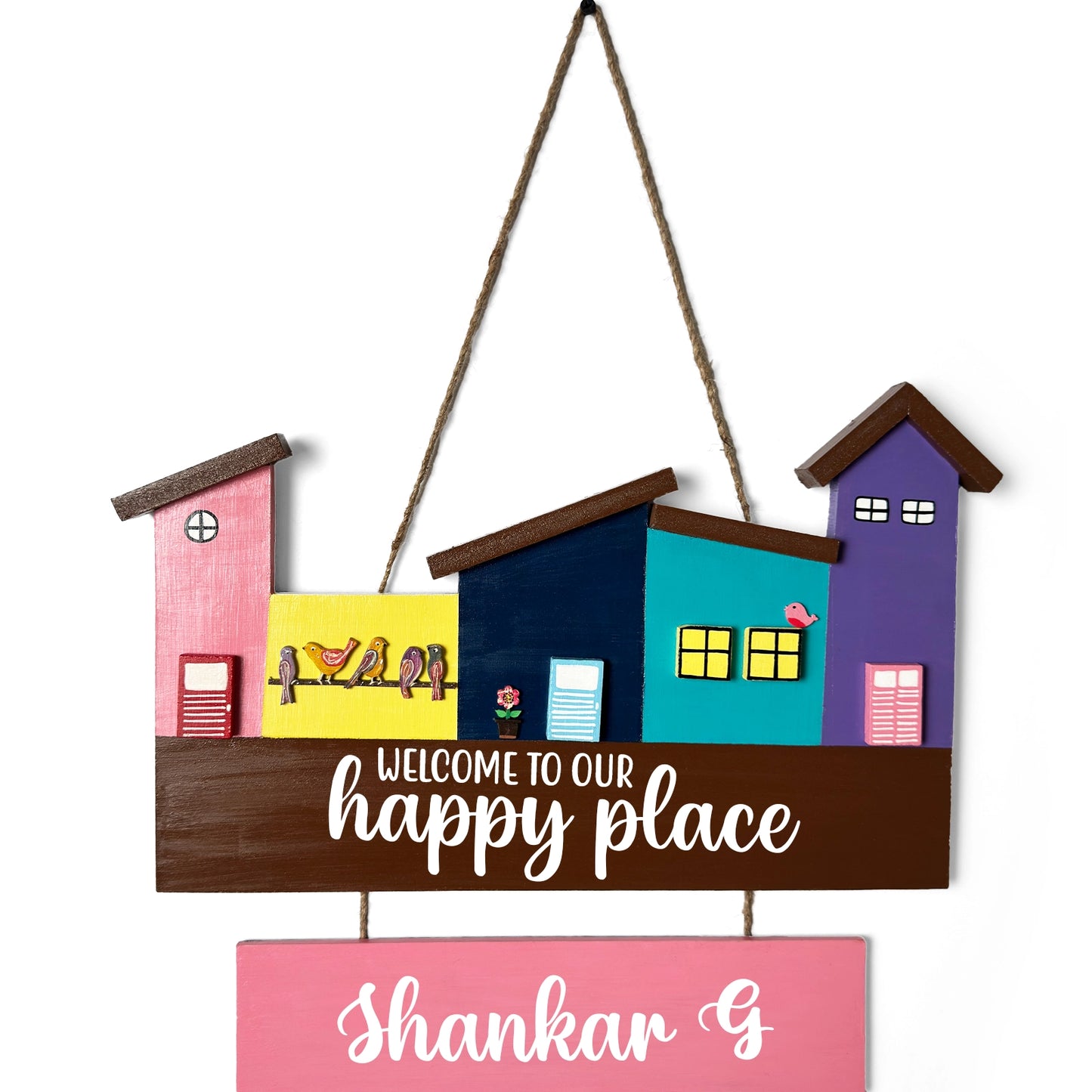Hut-Shaped Hand-Painted Wooden Name Plate For Home - Hut Board & Three Planks Design 6