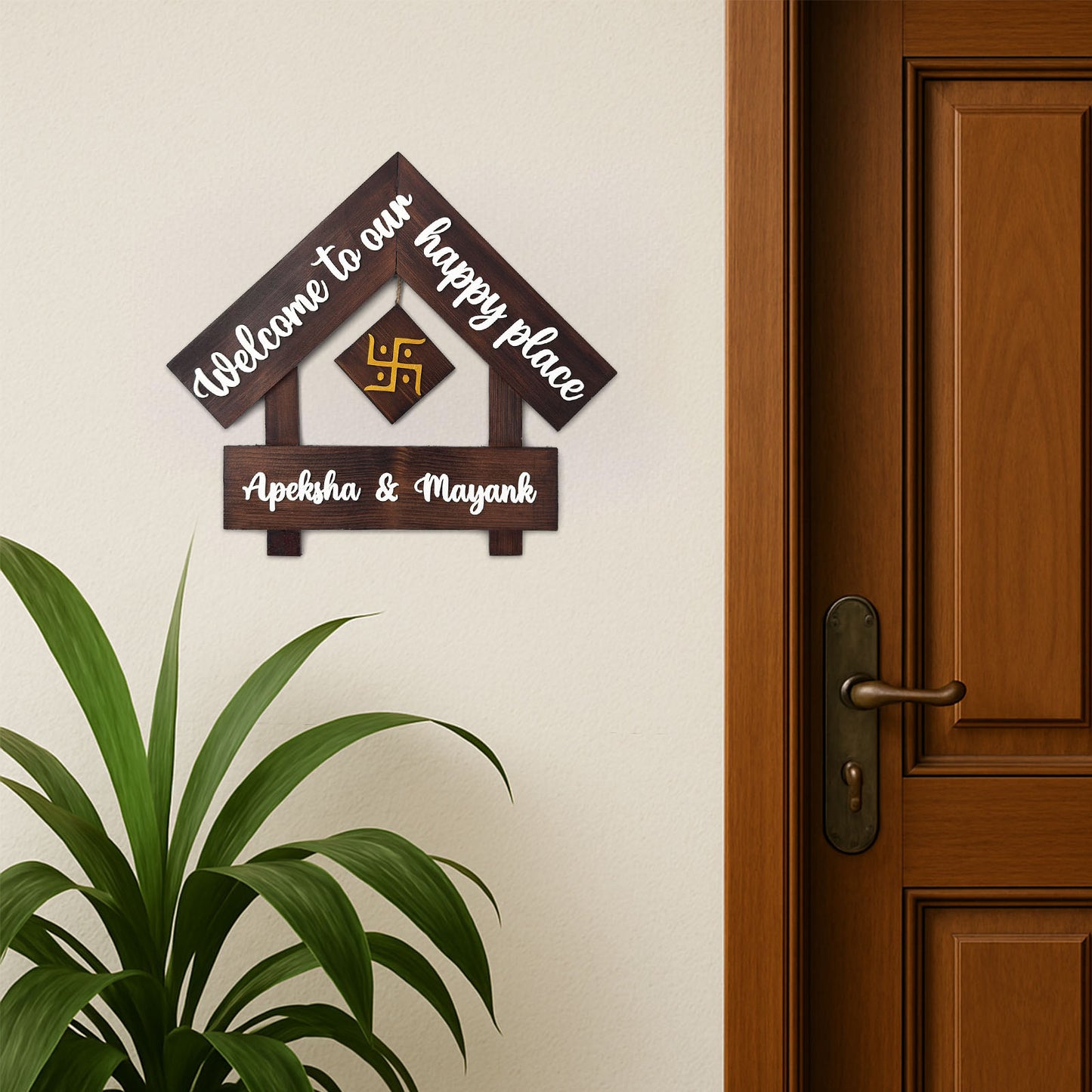 House With Roof And Single PlankHand-Painted Wooden Hut-Shaped Name Plate For Home - Wooden Finish