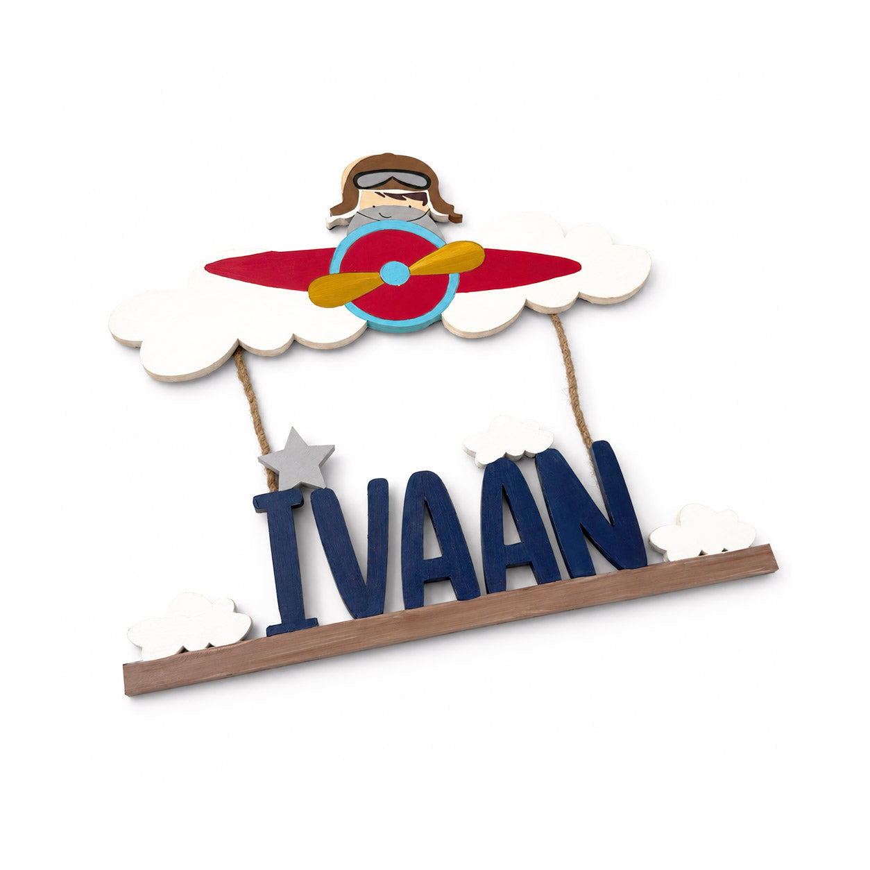 Airplane Pilot Themed Hand-Painted Wooden Kids Name Plate - Design 1