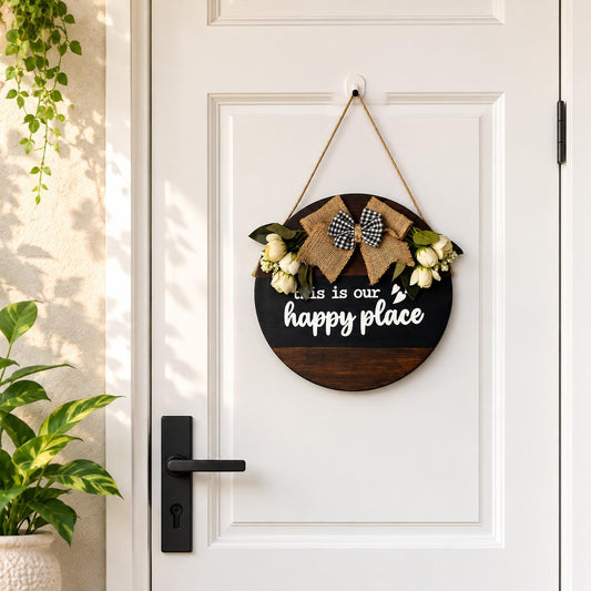 This Is Our Happy Place Hand-Painted Wooden Door Hanger - Black & Wooden Finish