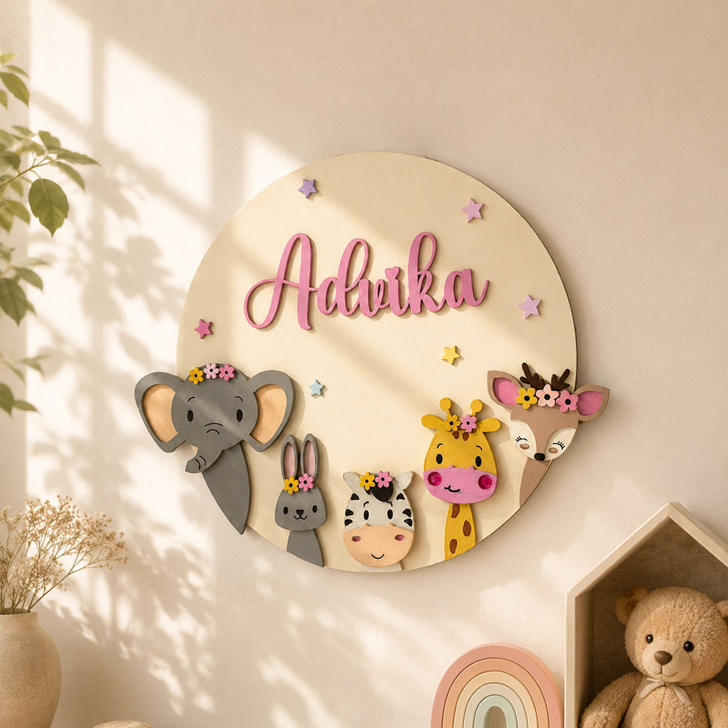 Animal Themed Hand-Painted Wooden Round Kids Name Plate - Design 9