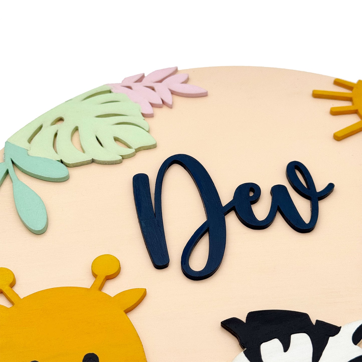 Animal Themed Hand-Painted Wooden Round Kids Name Plate - Design 1