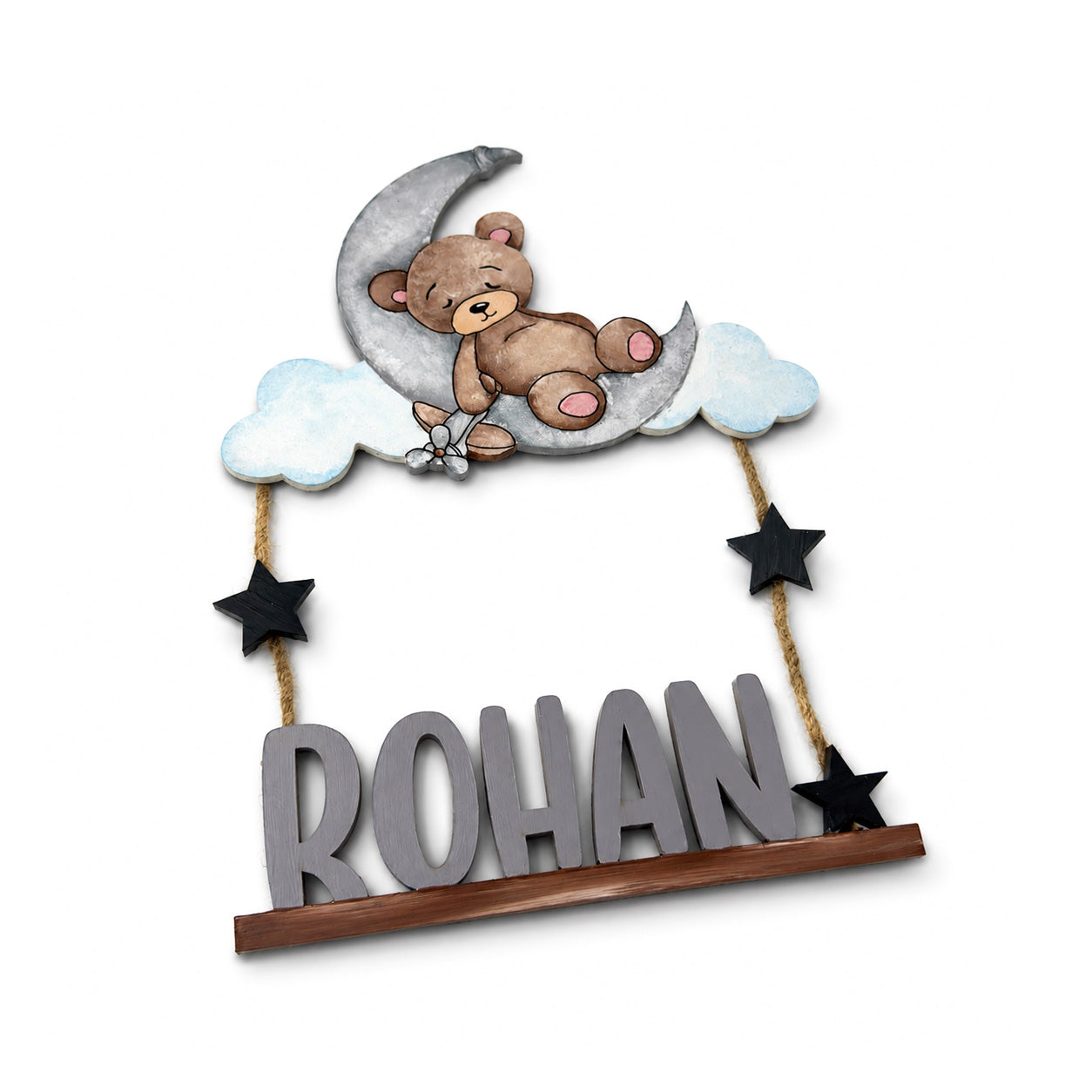 Teddy Bear Themed Hand-Painted Wooden Kids Name Plate - Design 1