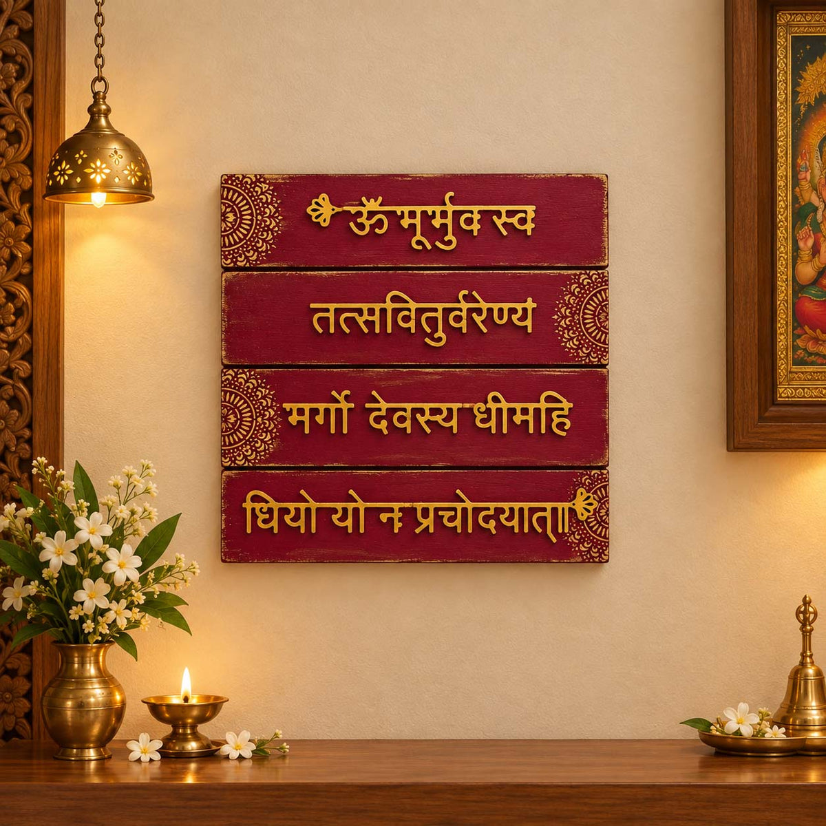 Gayatri Mantra Hand-Painted Wooden Wall Hanging With Mandala - Red