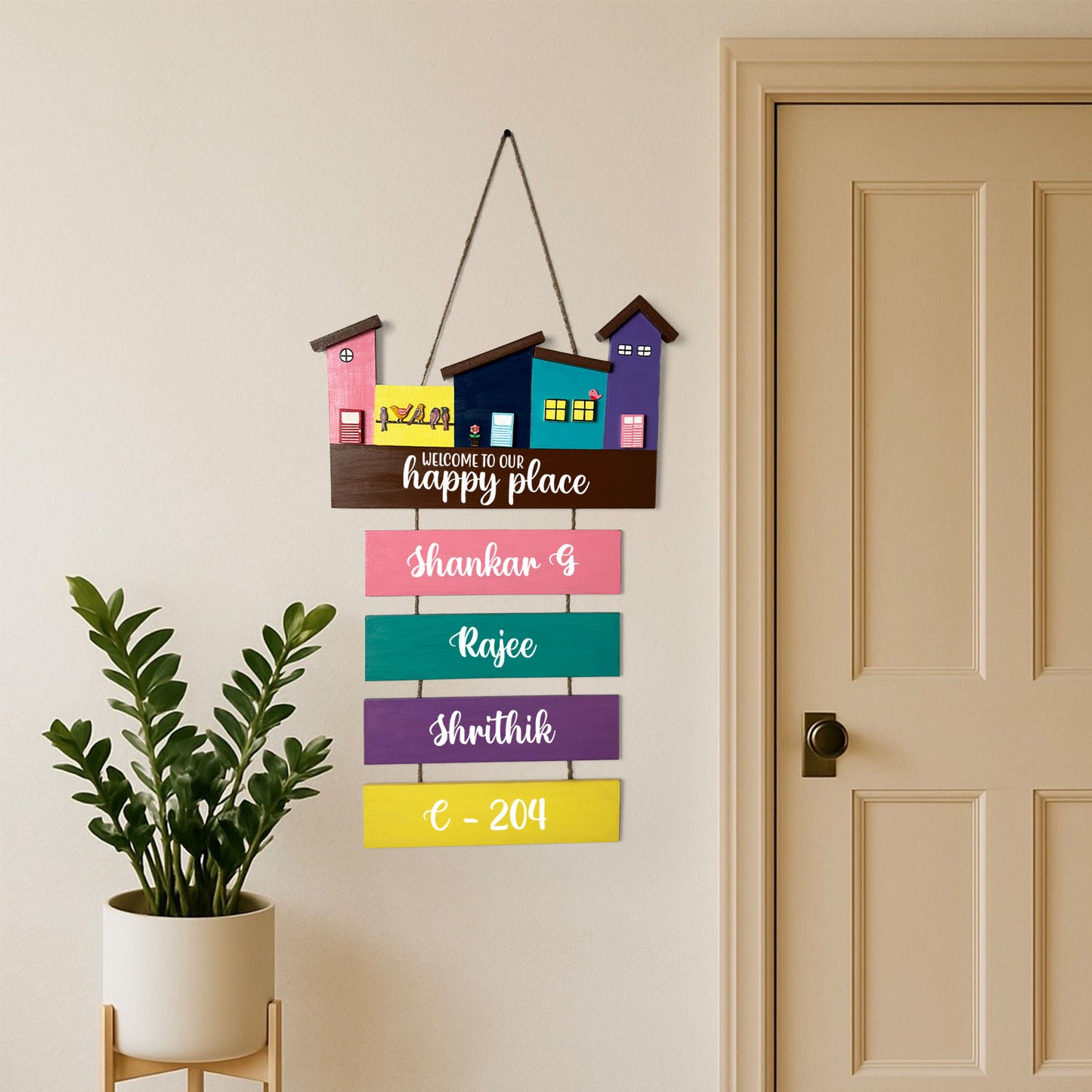 Hut-Shaped Hand-Painted Wooden Name Plate For Home - Hut Board & Four Planks Design 6