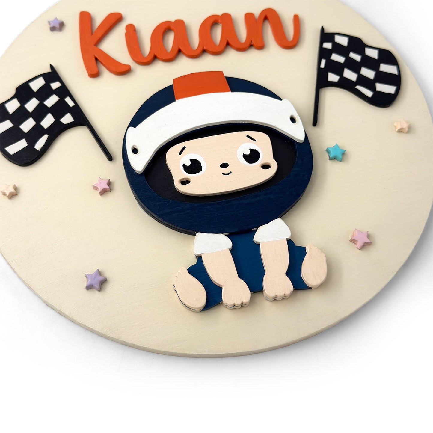 Little Car Racer Themed Hand-Painted Wooden Round Kids Name Plate - Design 1
