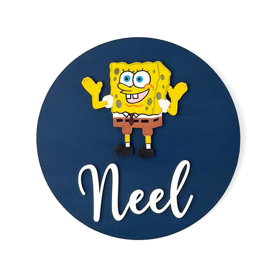 SpongeBob SquarePants Themed Hand-Painted Wooden Name Plate For Kids