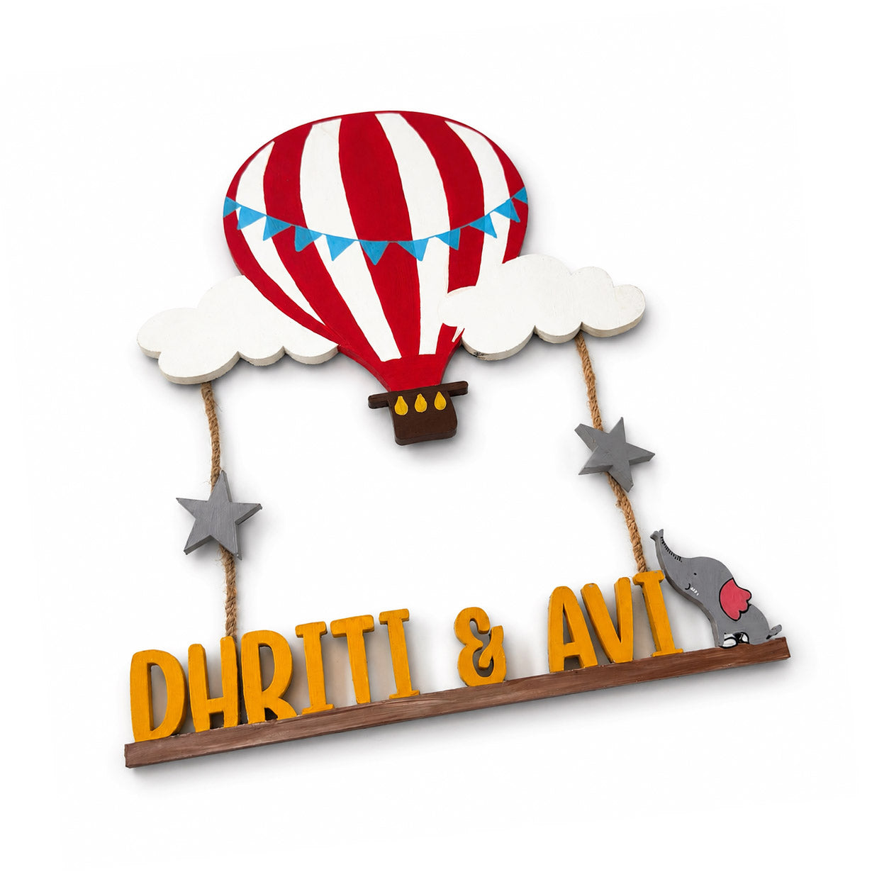 Hot Air Balloon Themed Hand-Painted Wooden Kids Name Plate - Design 1
