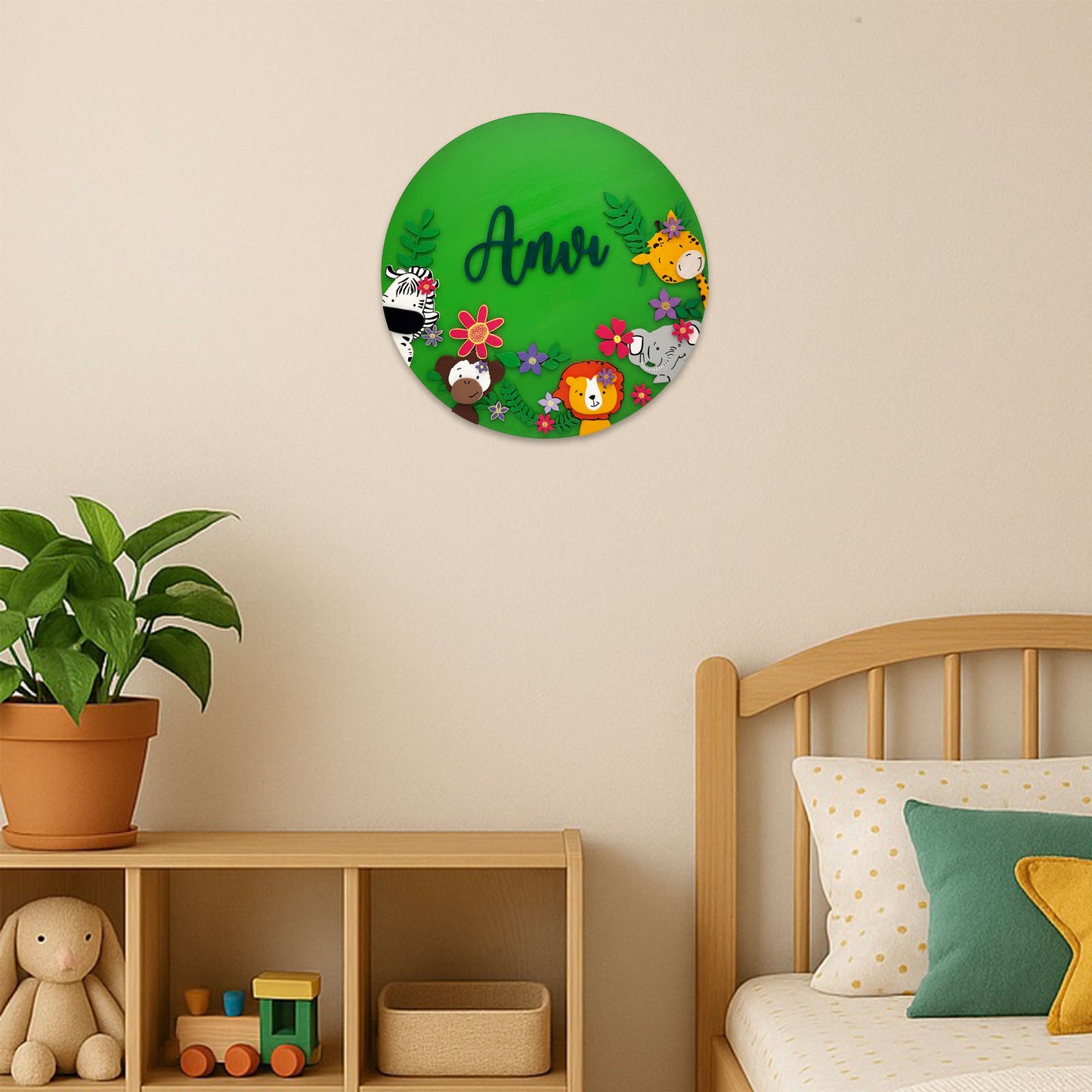 Animal Themed Hand-Painted Wooden Round Kids Name Plate - Design 2