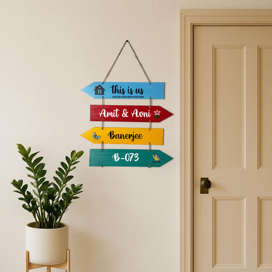 This Is Us Our Life Our Story Our Home  Hand-Painted Wooden Arrow Plank Name Plate For Home - Four Planks