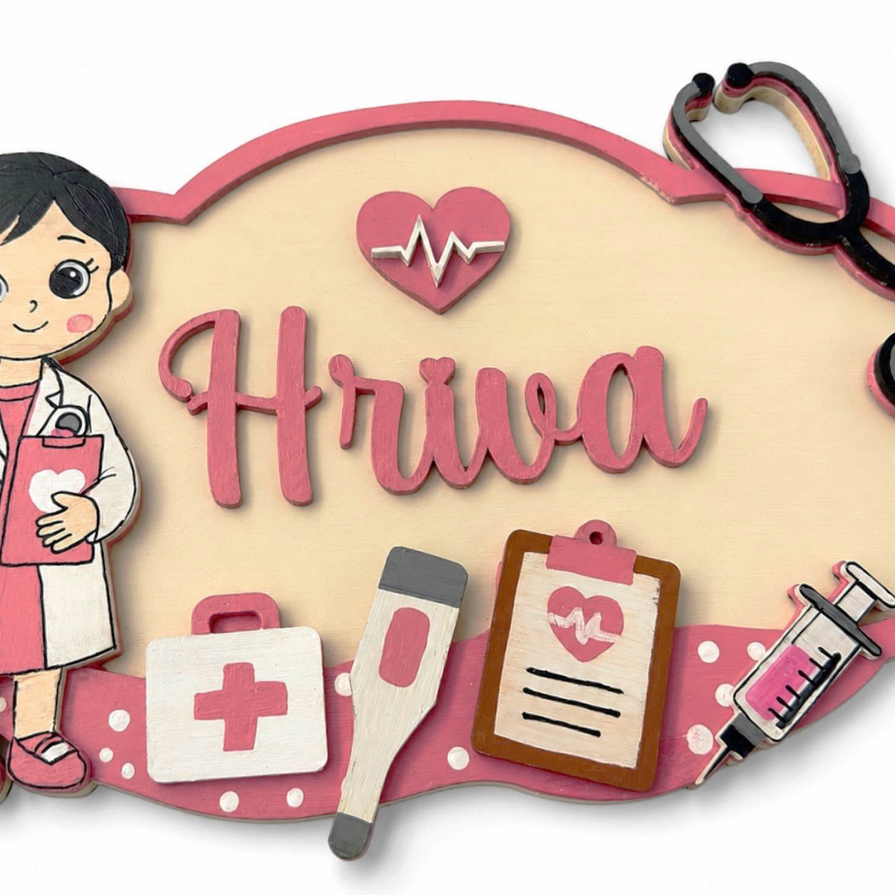 Girl Doctor Themed Hand-Painted Wooden Kids Name Plate - Design 1