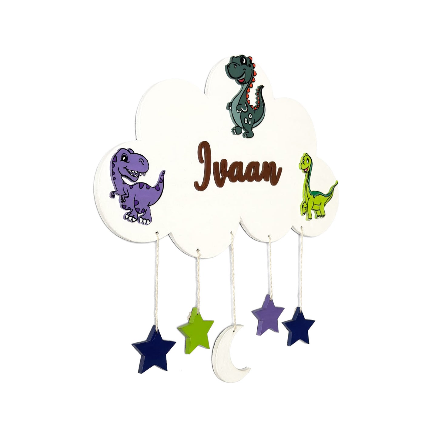 Cloud & Dinosaur Themed Hand-Painted Wooden Kids Name Plate