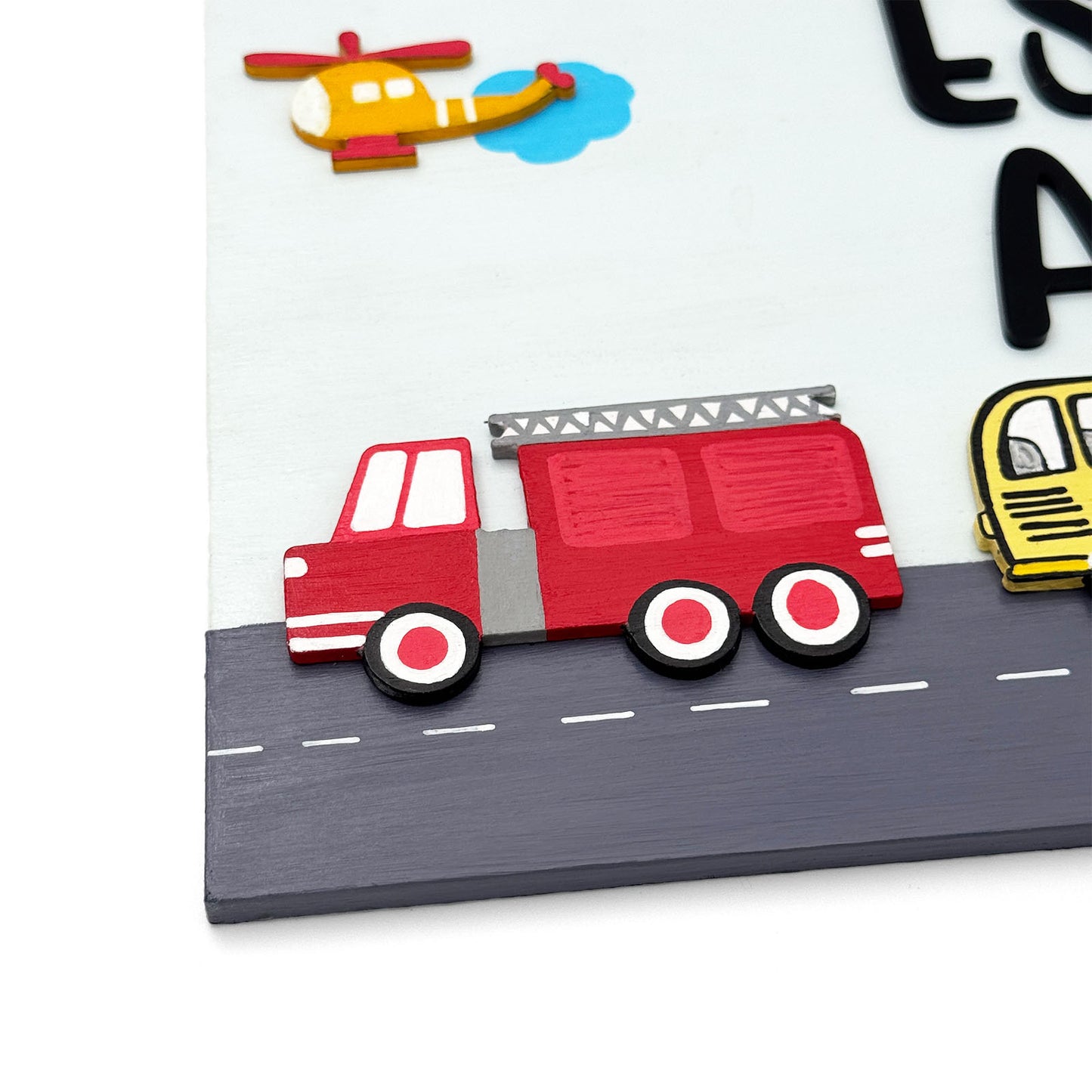 Vehicles Themed Hand-Painted Wooden Kids Name Plate - Light Blue
