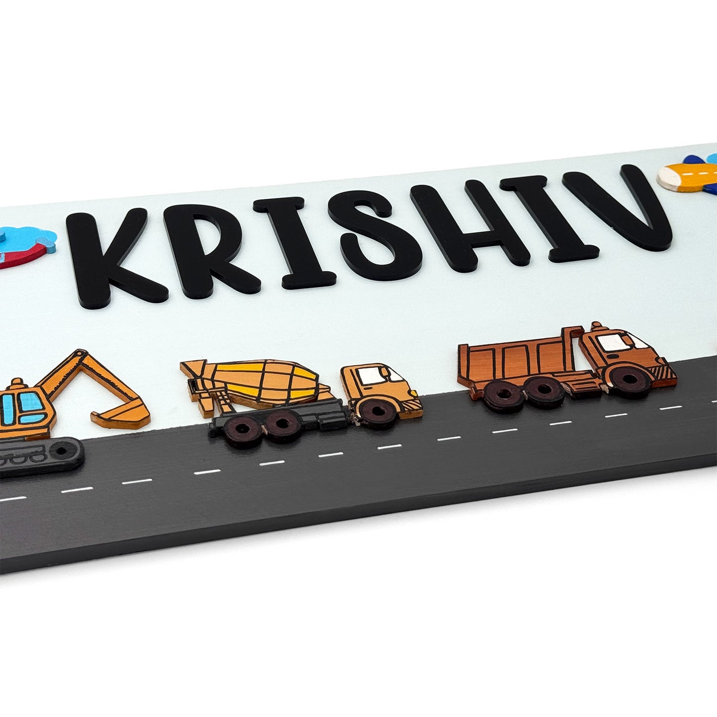 Construction Vehicles Themed Hand-Painted Wooden Kids Name Plate - Light Blue