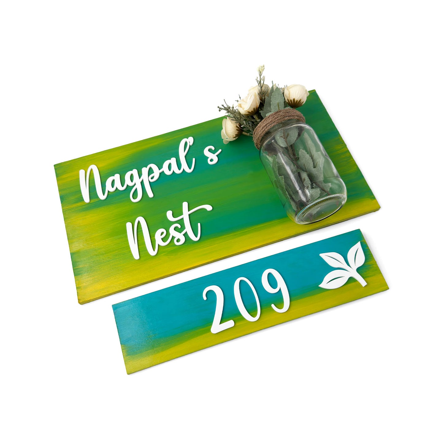 Hand-Painted Wooden Name Plate With Jar For Home - Jar Board & One Plank