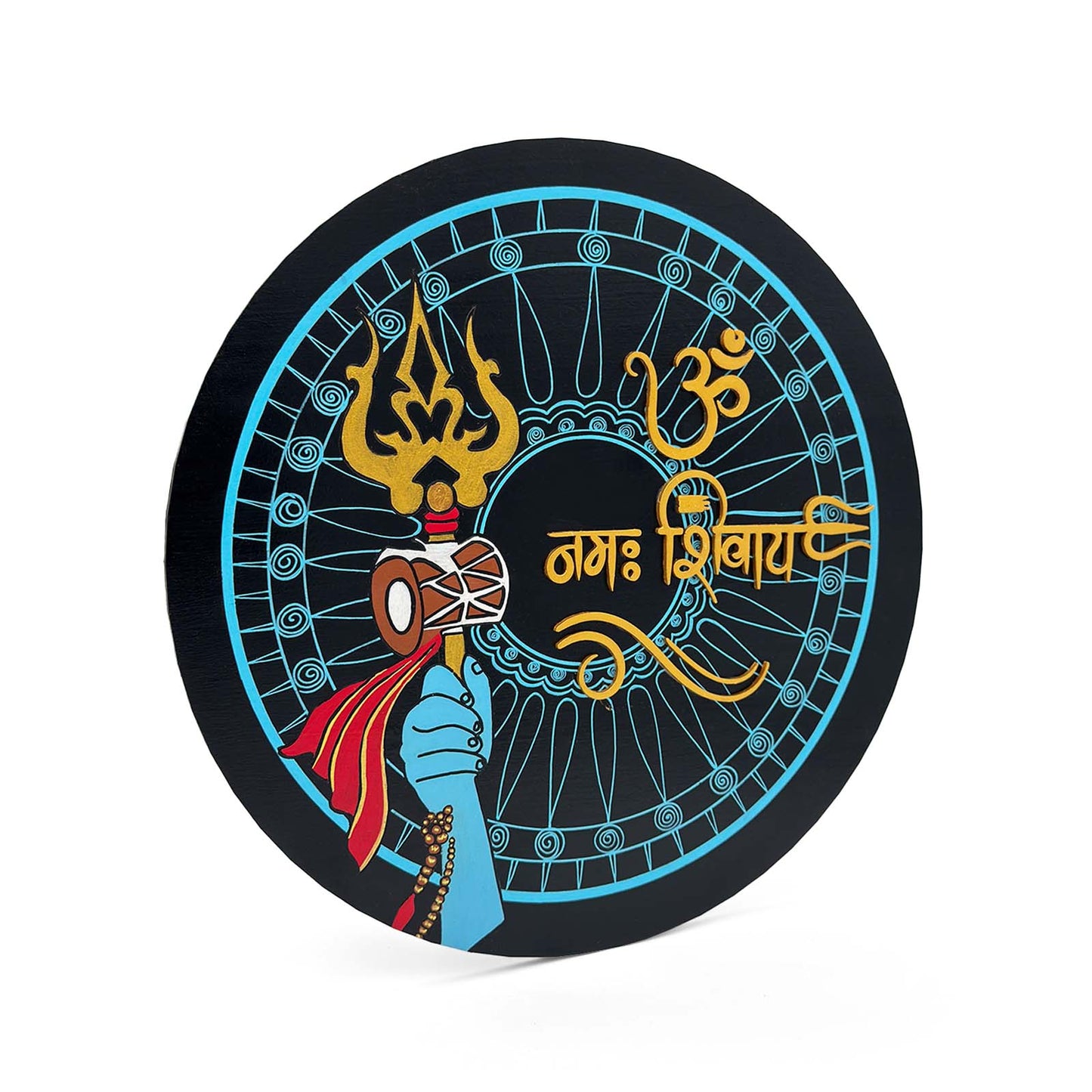 Om Namah Shivaya Hand-Painted Wooden Round Wall Hanging With Shiva Trishul - Blue
