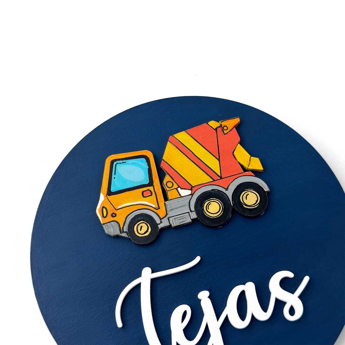 Cement Mixer Themed Hand-Painted Wooden Name Plate For Kids