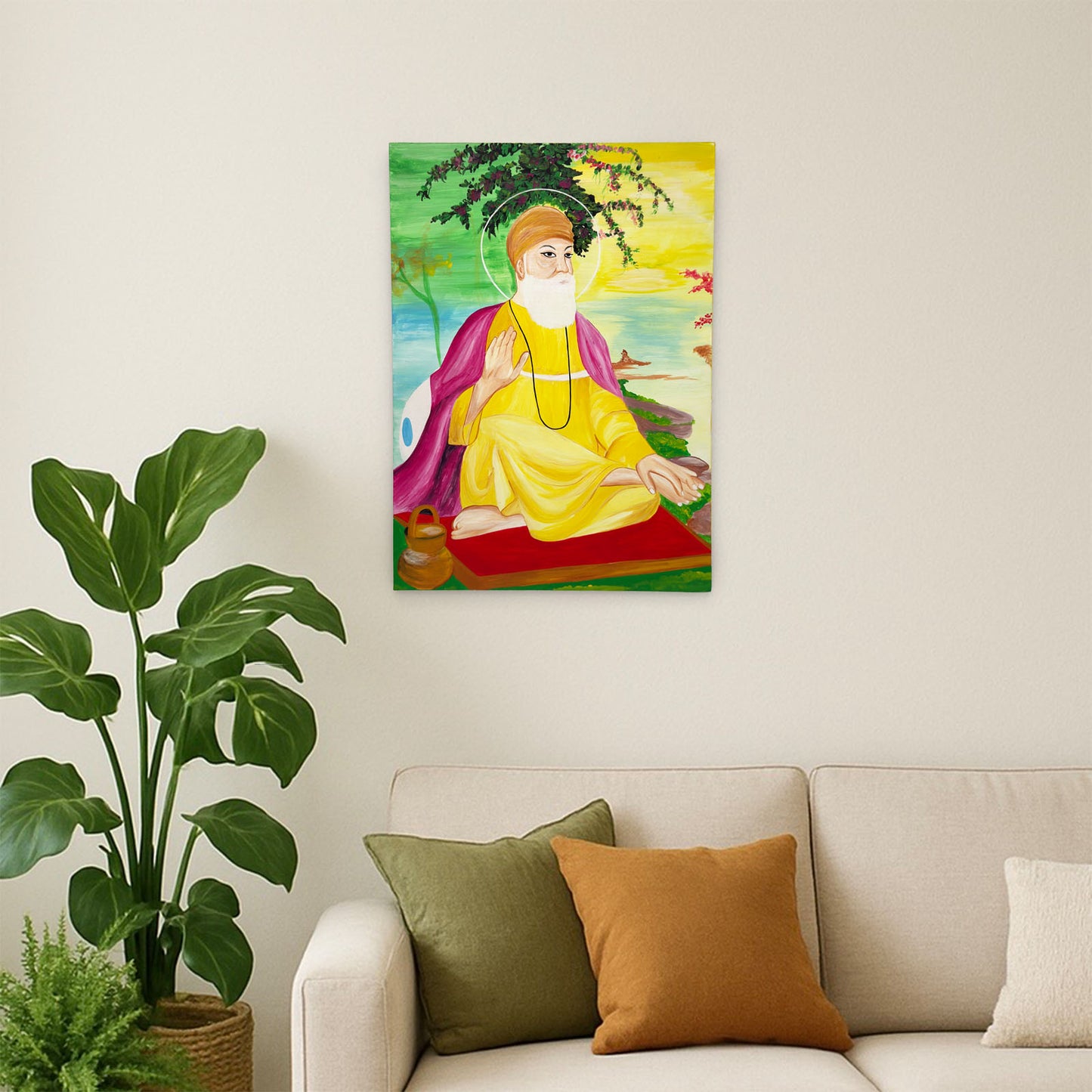 Guru Nanak Dev Ji Hand-Painted Wooden Wall Hanging