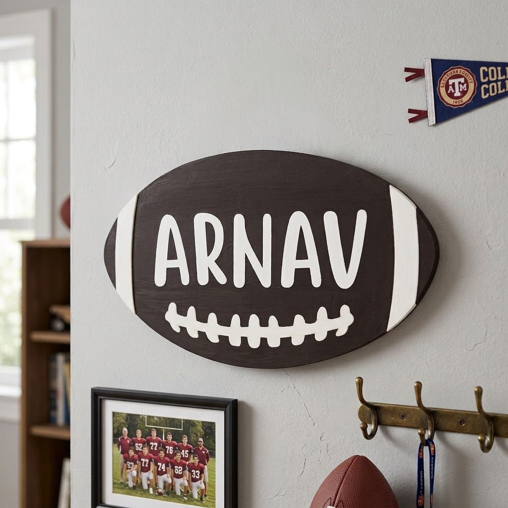 American Football Themed Hand-Painted Wooden Kids Name Plate